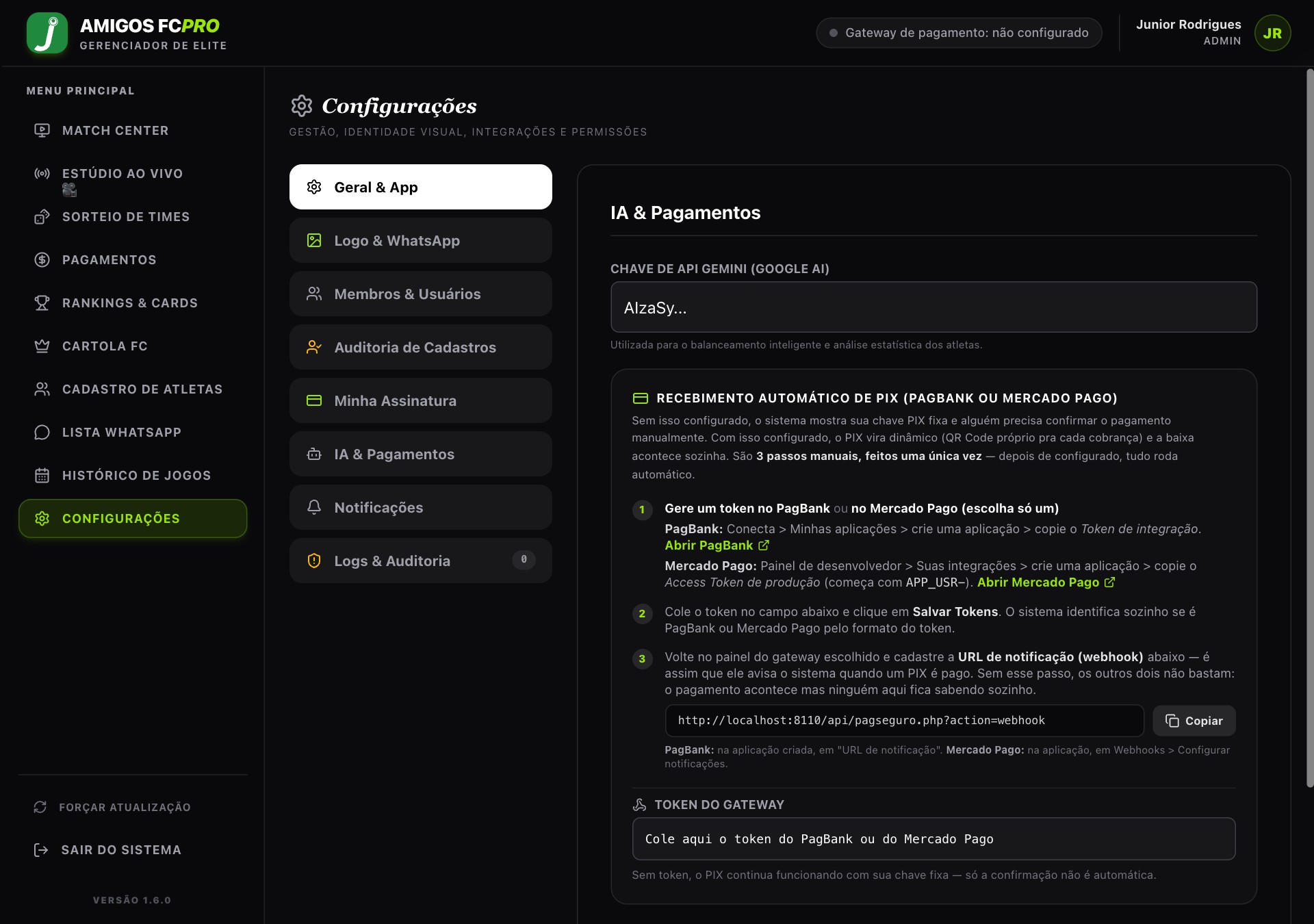 Configuração do gateway de pagamento em Configurações > IA & Pagamentos