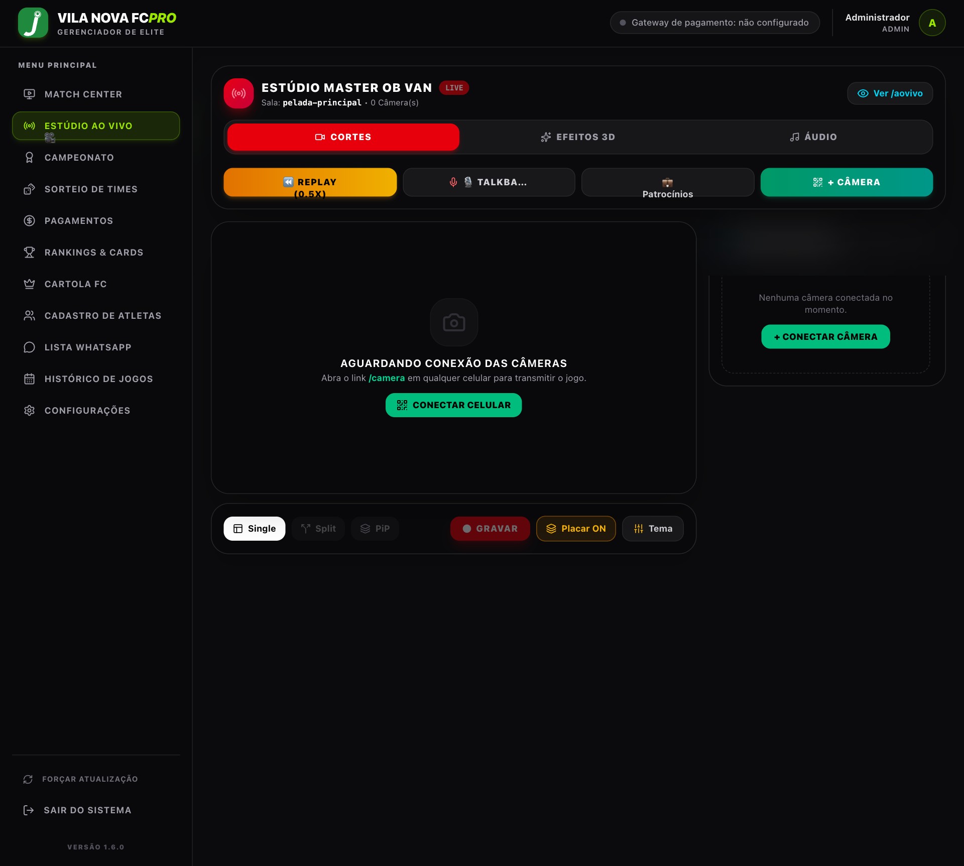 Tela de Estúdio Ao Vivo no joga PRO