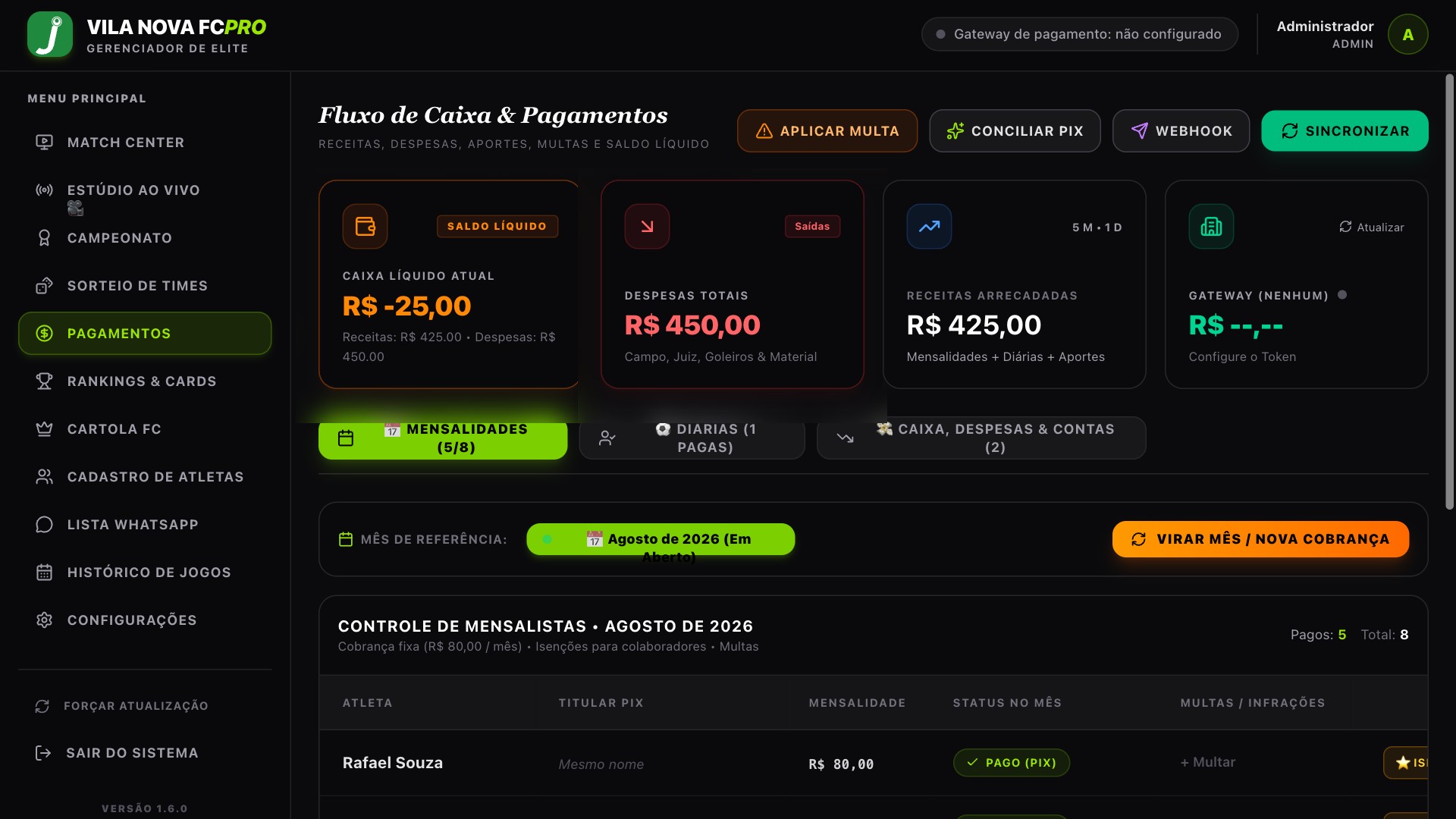 Tela de Pagamentos no joga PRO