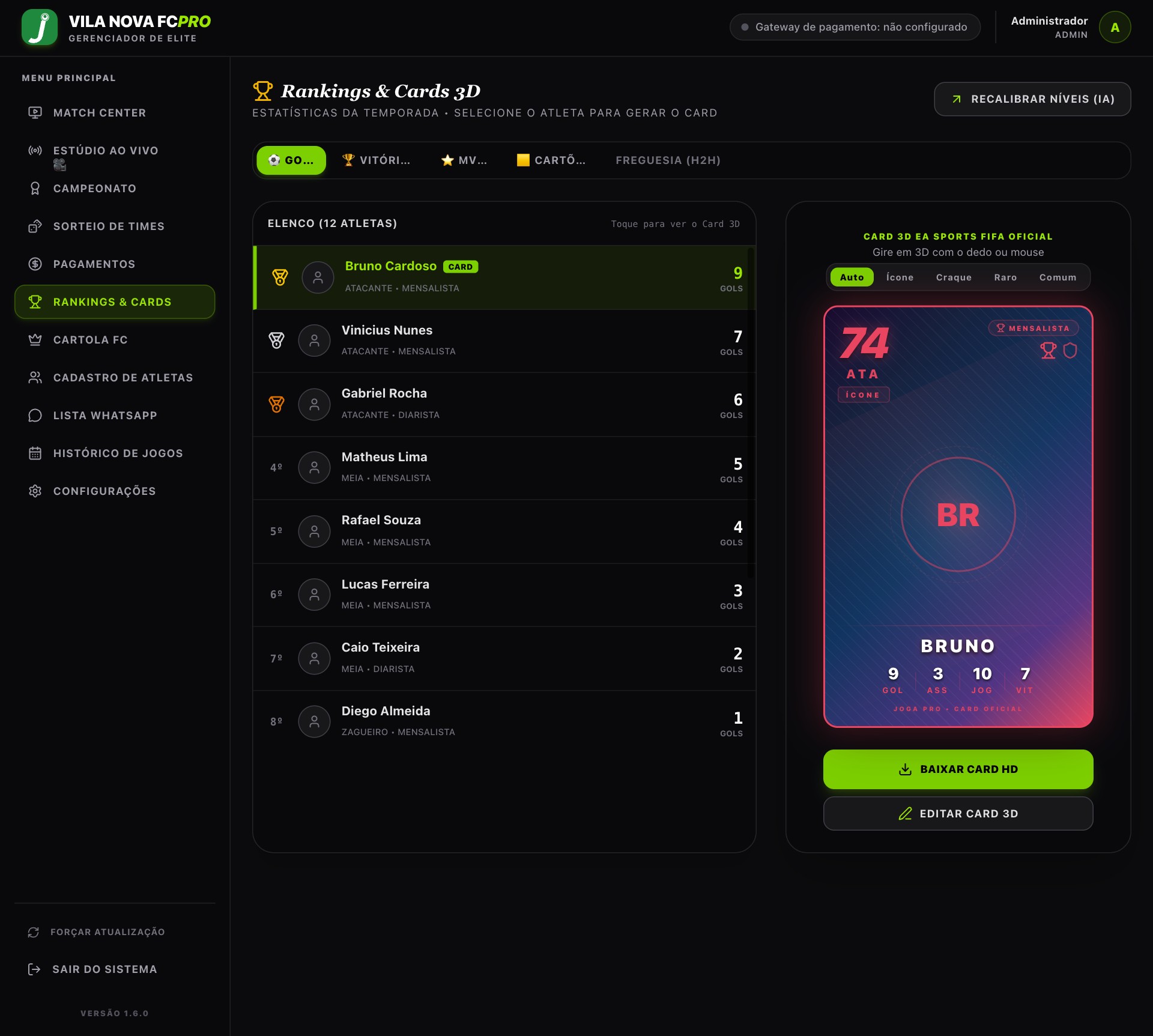 Tela de Rankings & Cards no joga PRO